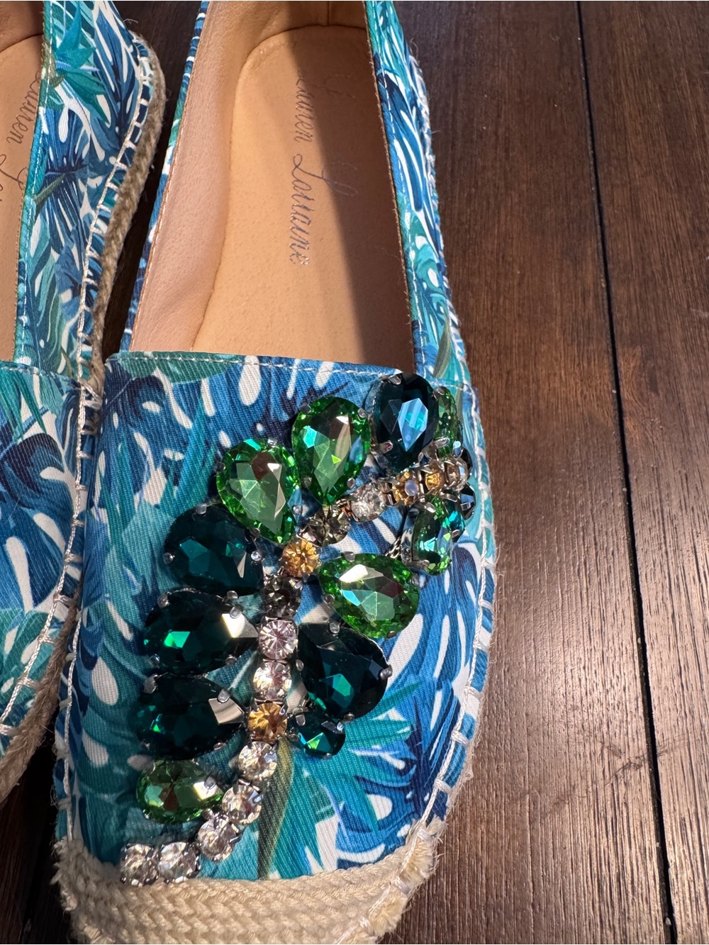 Lauren Lorraine Espadrille Flats Tropical Palm  Crystal Embellished Shoes 8 NIB - Picture 7 of 16